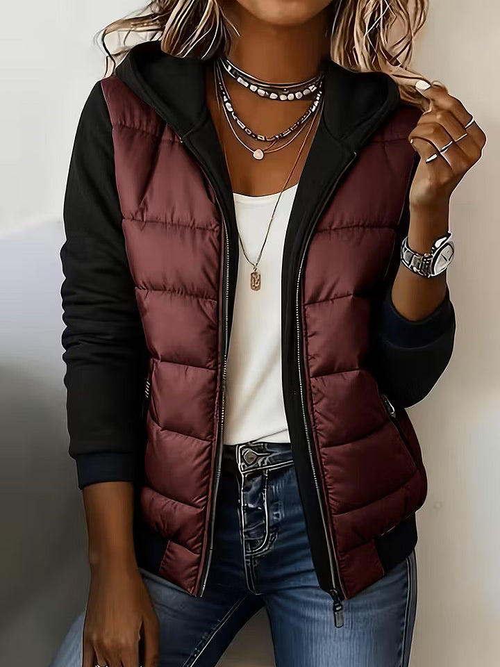 Roosje - Women's quilted hooded jacket with two-tone long sleeves