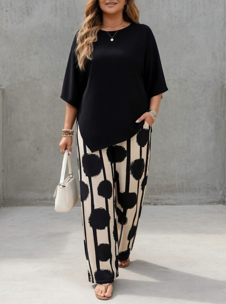 Lunoria - Ensemble femme deux pièces avec haut asymétrique et pantalon imprimé