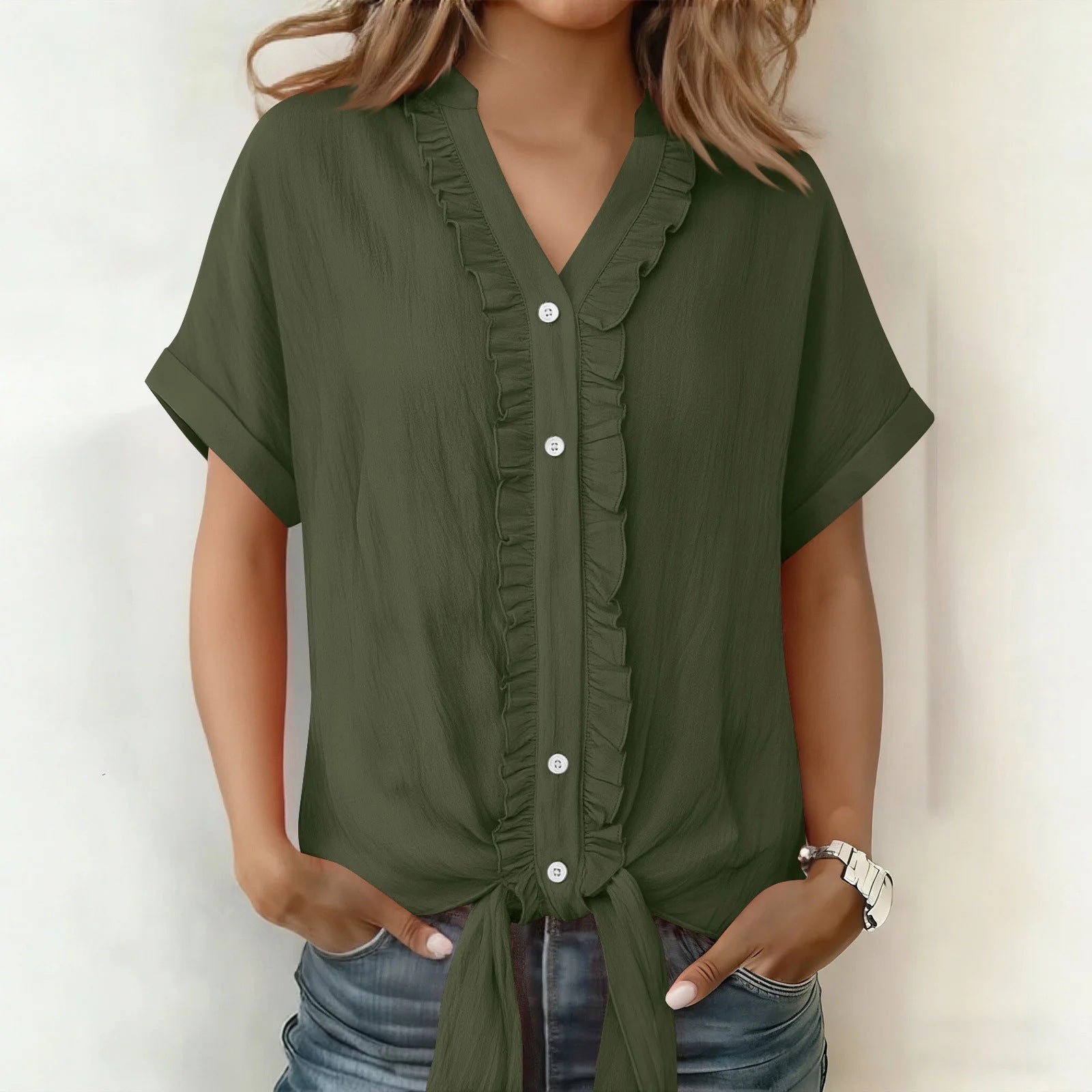 Kalyxa - Chemise femme coton col V manches courtes nouée été