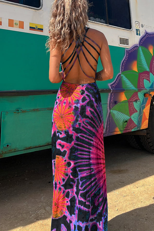 Junaria - Robe maxi avec imprimé tie-dye, lacée à l'arrière, extensible (avec soutien-gorge intégré)