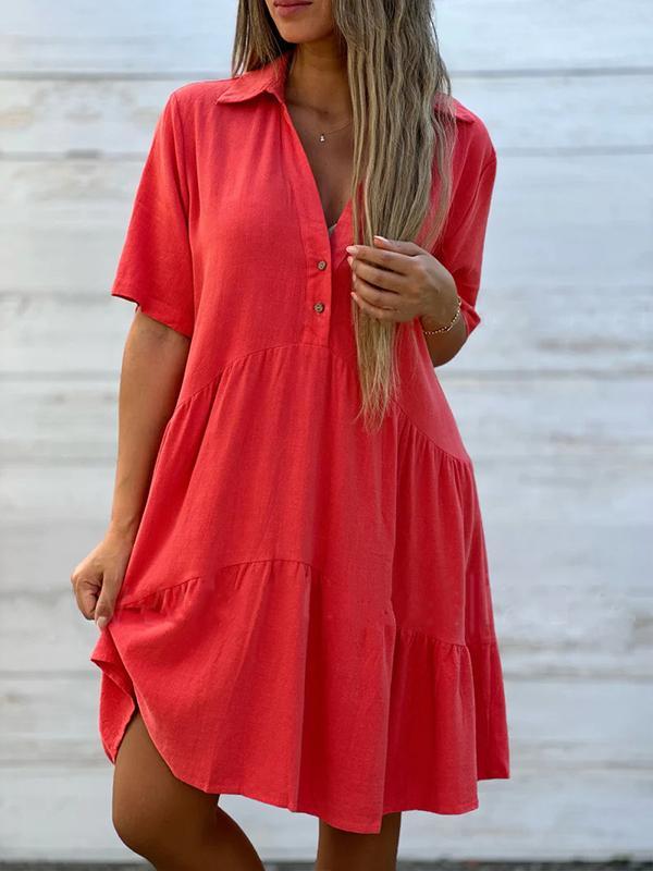 Vionelle - Robe décontractée, unie, à manches courtes en coton et lin pour femme