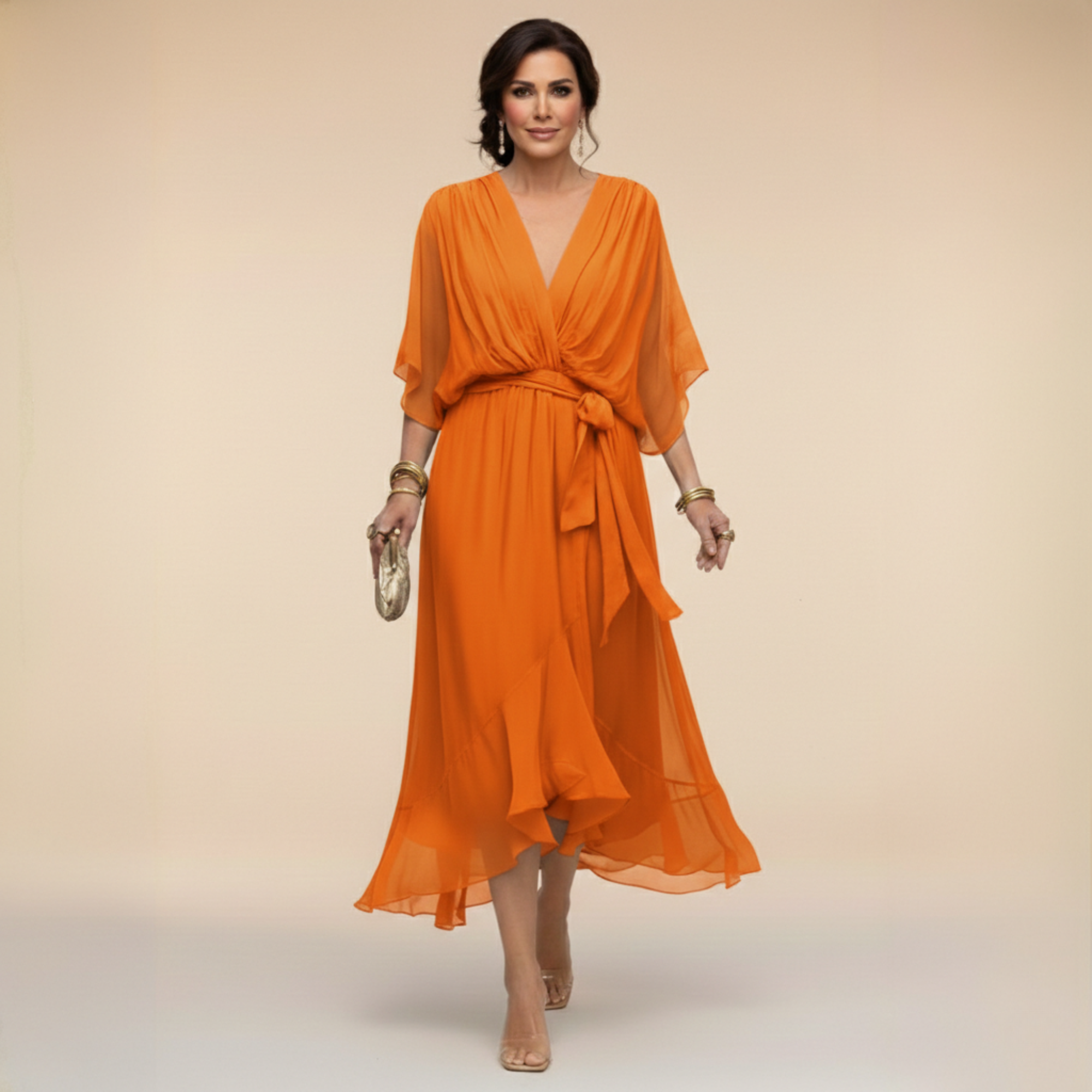 Lazira - Robe femme midi fluide col V manches amples ceinture élégante