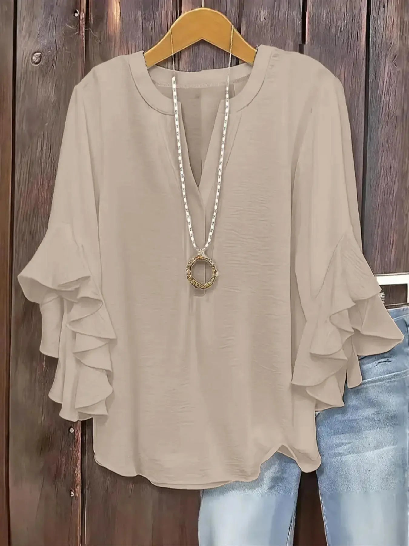 Horiana - Blouse femme grande taille à manches volantées et col V