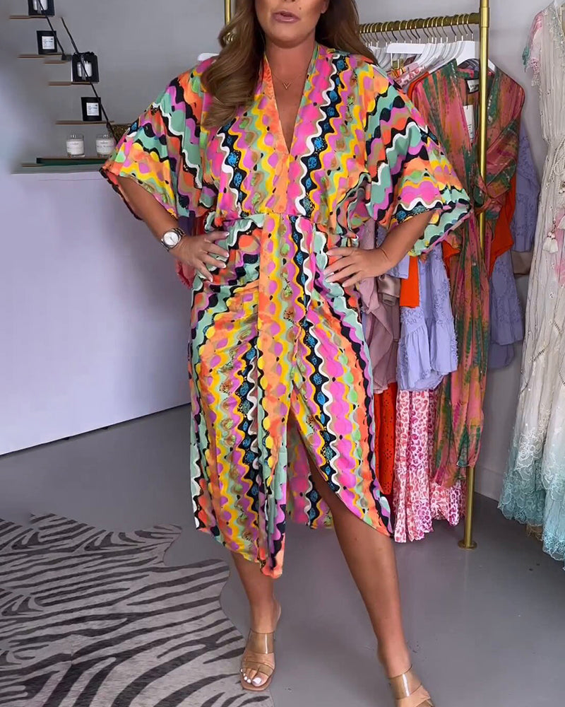 Rosaria - Robe Midi à Col V Multicolore pour Femmes