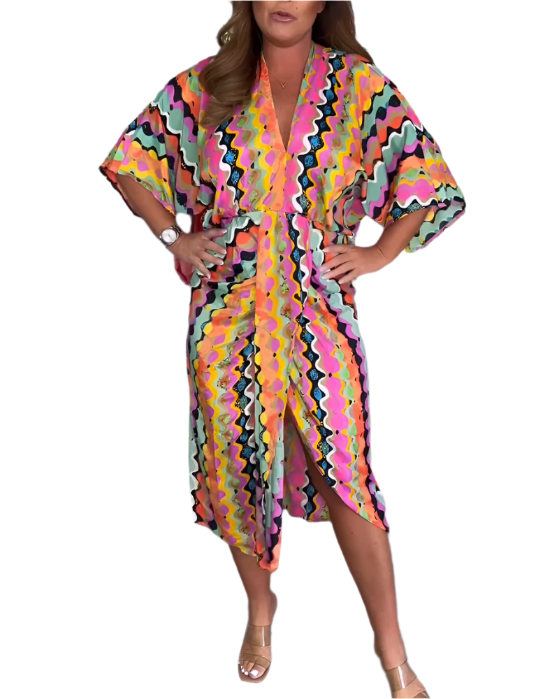 Rosaria - Robe Midi à Col V Multicolore pour Femmes