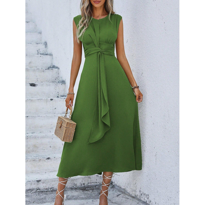 Orivessa - Robe longue femme unie sans manches avec ceinture drapée