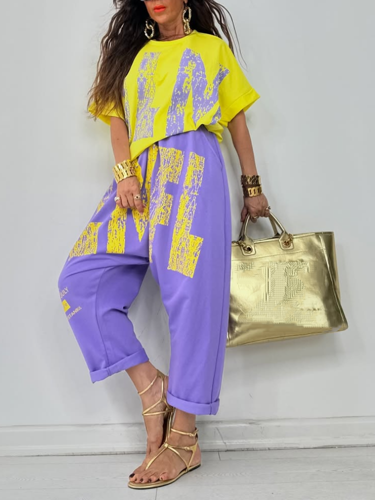 Kirelle - Ensemble décontracté femme top imprimé col rond et pantalon