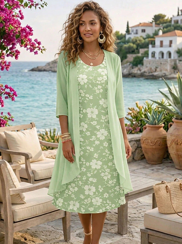 Ilynessa - Ensemble femme robe en chiffon avec cardigan léger