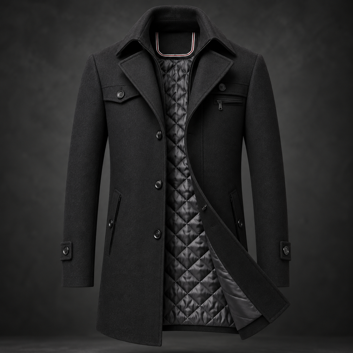 Marcus - Men's wool coat with stand-up collar and quilted lining