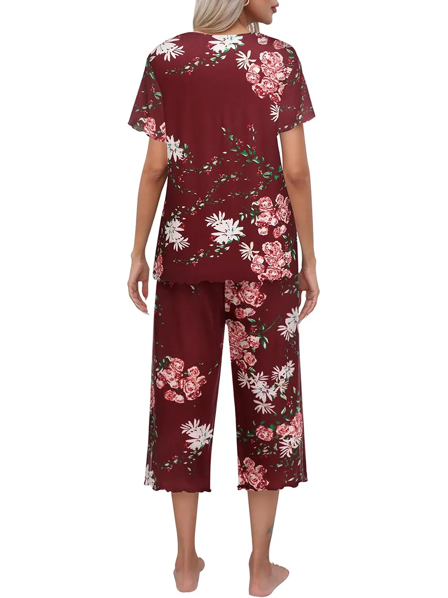 Olivine - Ensemble d'intérieur pour femme à manches courtes avec pantalon capri – idéal pour se détendre à la maison avec style