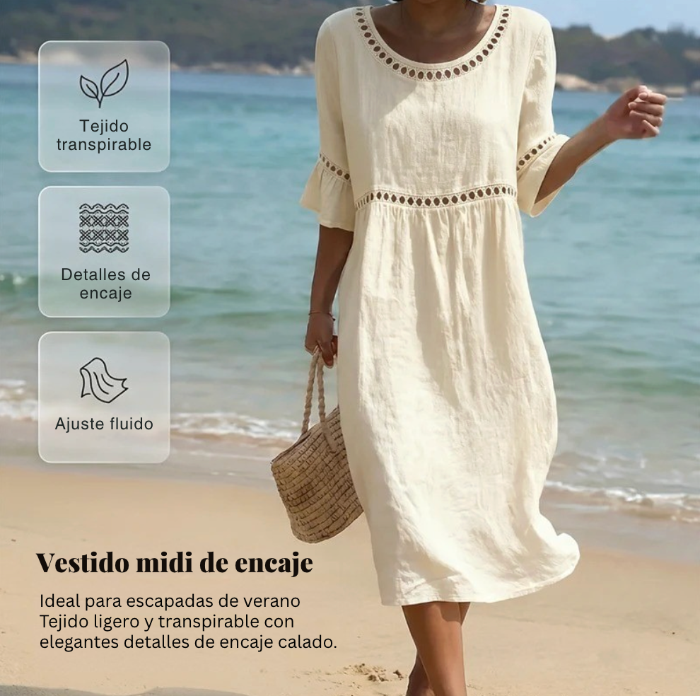 Pryline - Robe femme mi-longue lin col rond dentelle ajourée manches volants