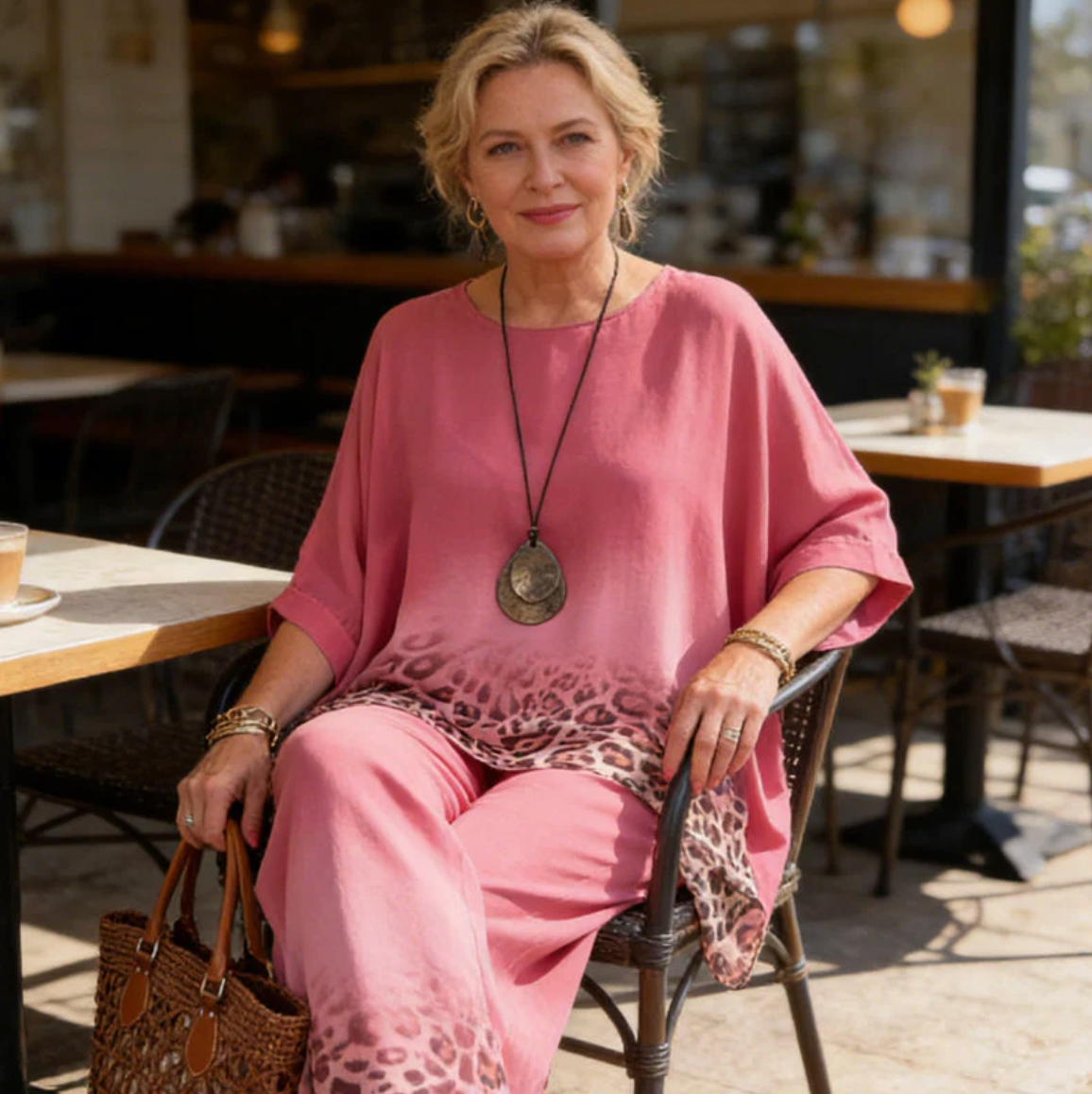 Ixelara - Ensemble femme deux pièces poncho dégradé imprimé léopard
