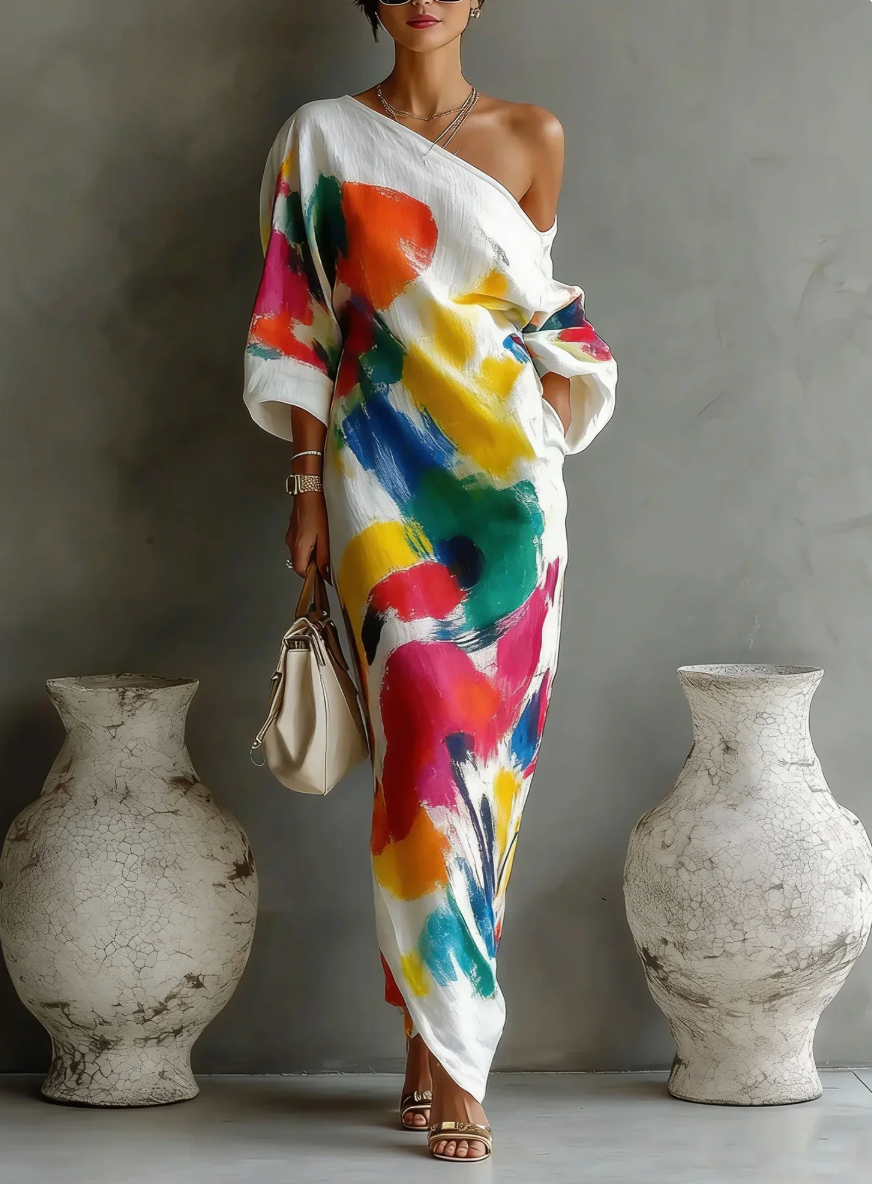 Tirevyn - Robe maxi femme asymétrique à une épaule imprimé artistique