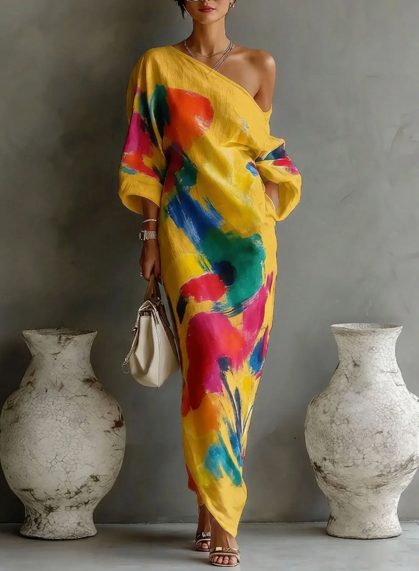 Tirevyn - Robe maxi femme asymétrique à une épaule imprimé artistique