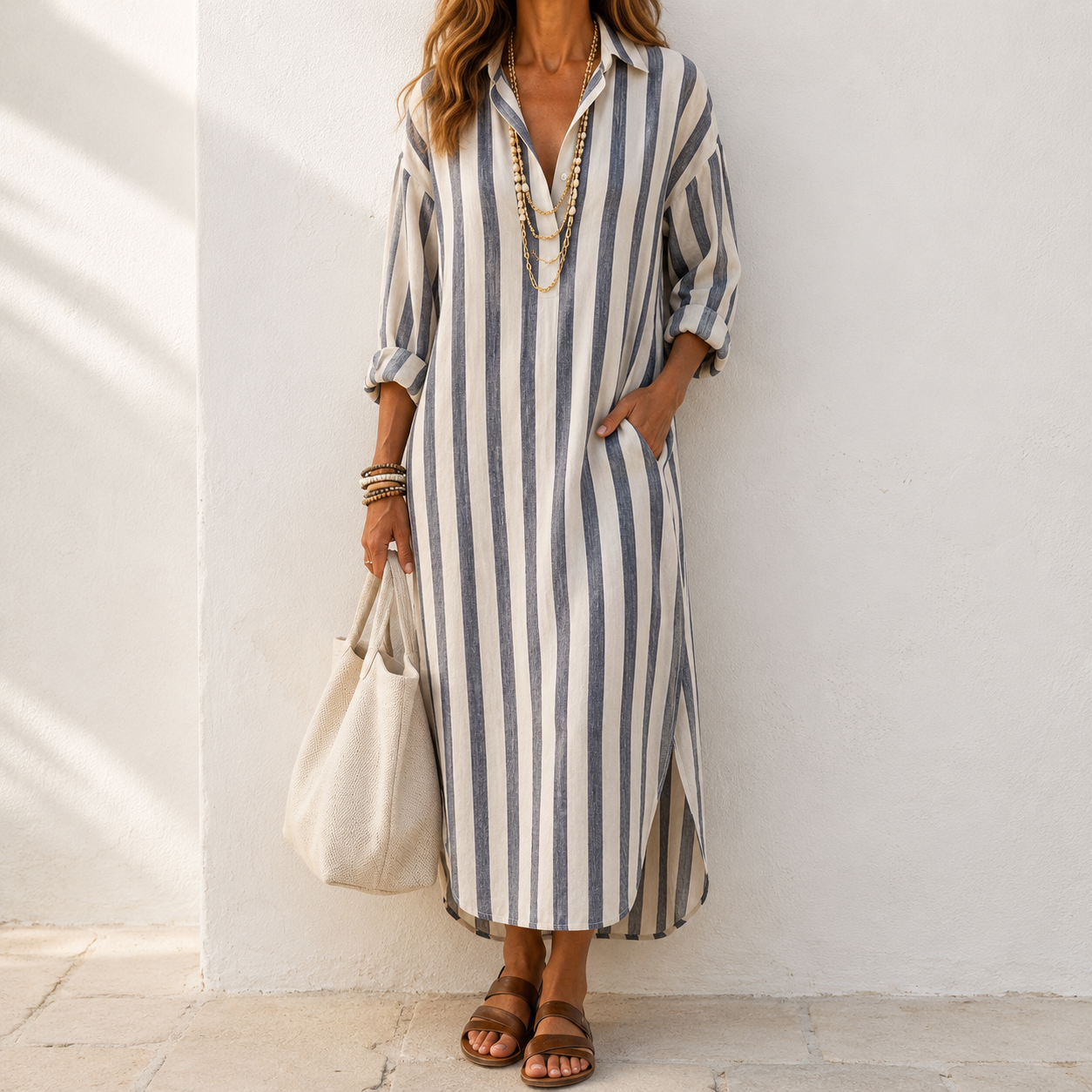 Tyvessa - Robe chemise midi femme à rayures verticales