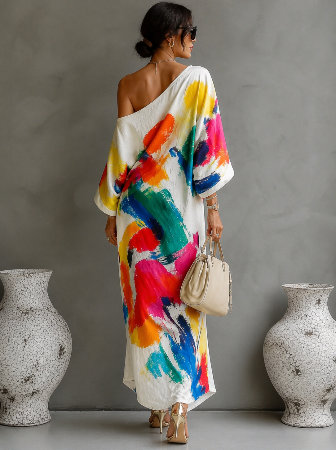 Tirevyn - Robe maxi femme asymétrique à une épaule imprimé artistique