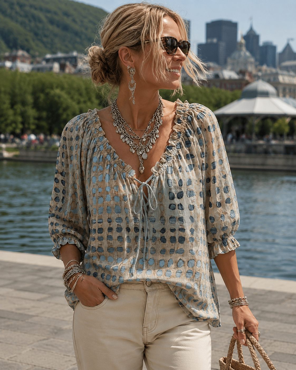 Mireva - Blouse femme à pois avec col V et lien ajustable