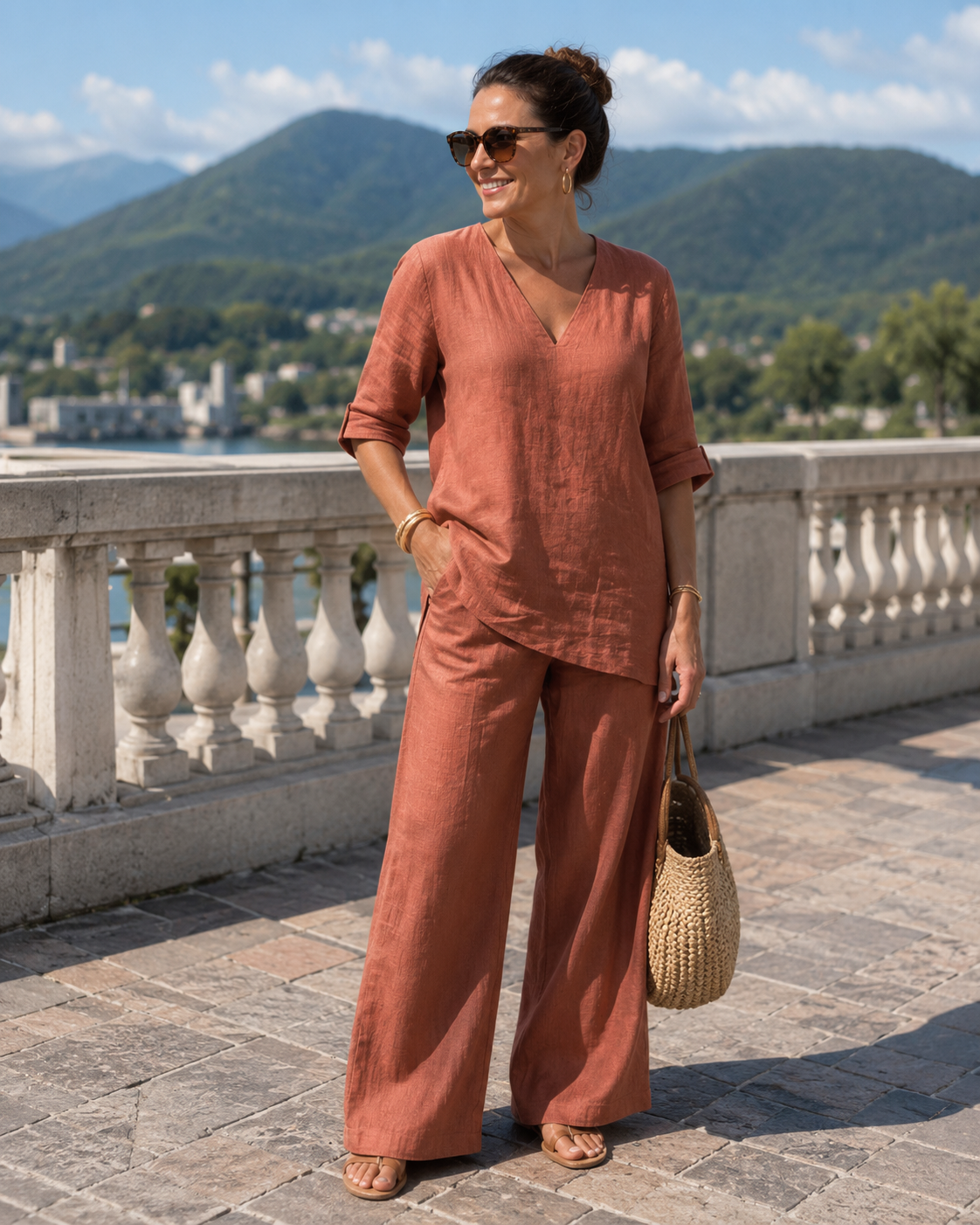 Jasoria - Ensemble femme en lin et coton avec haut col V et pantalon large