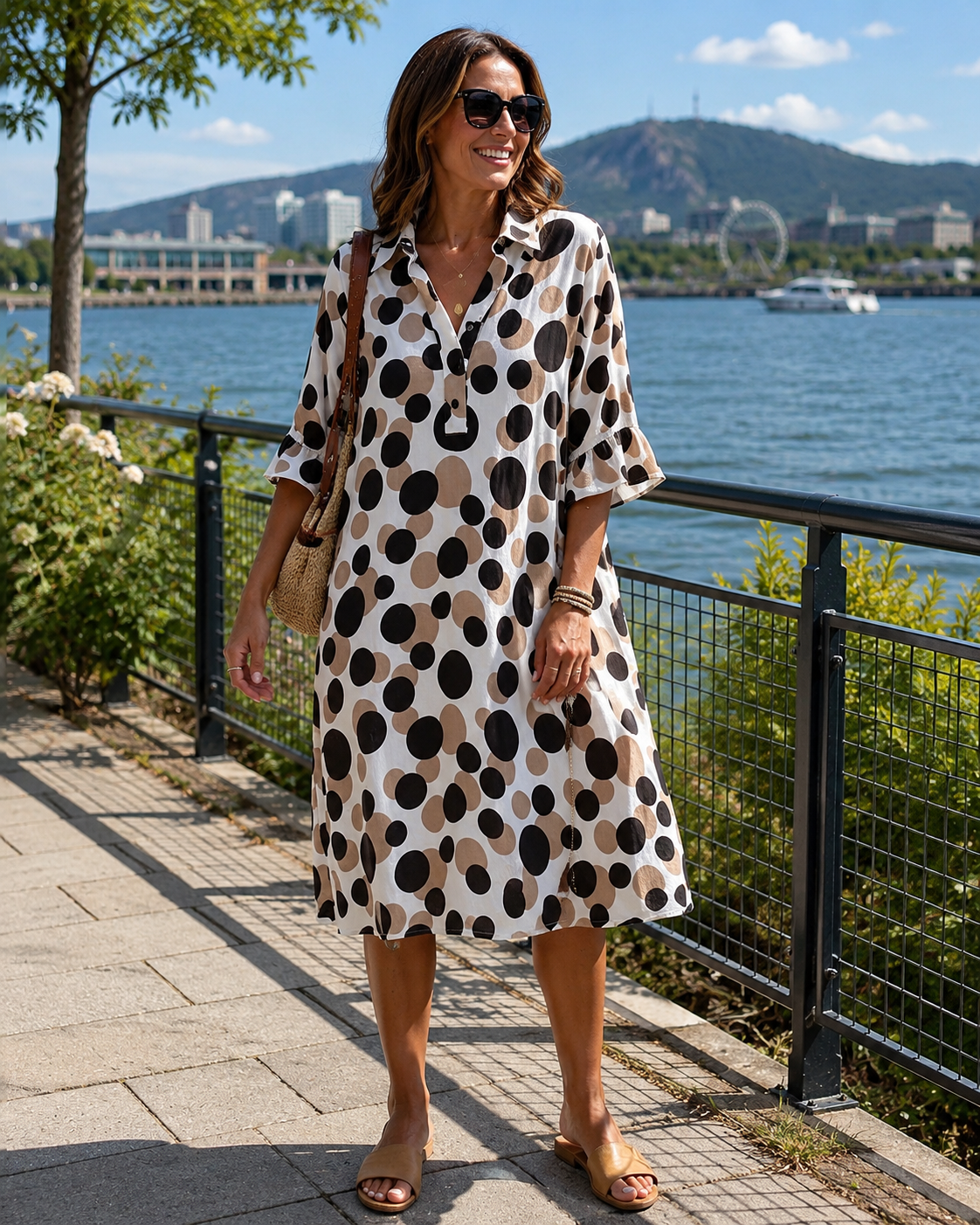 Rovelynn - Robe femme à pois élégante et manches mi-longues volantées