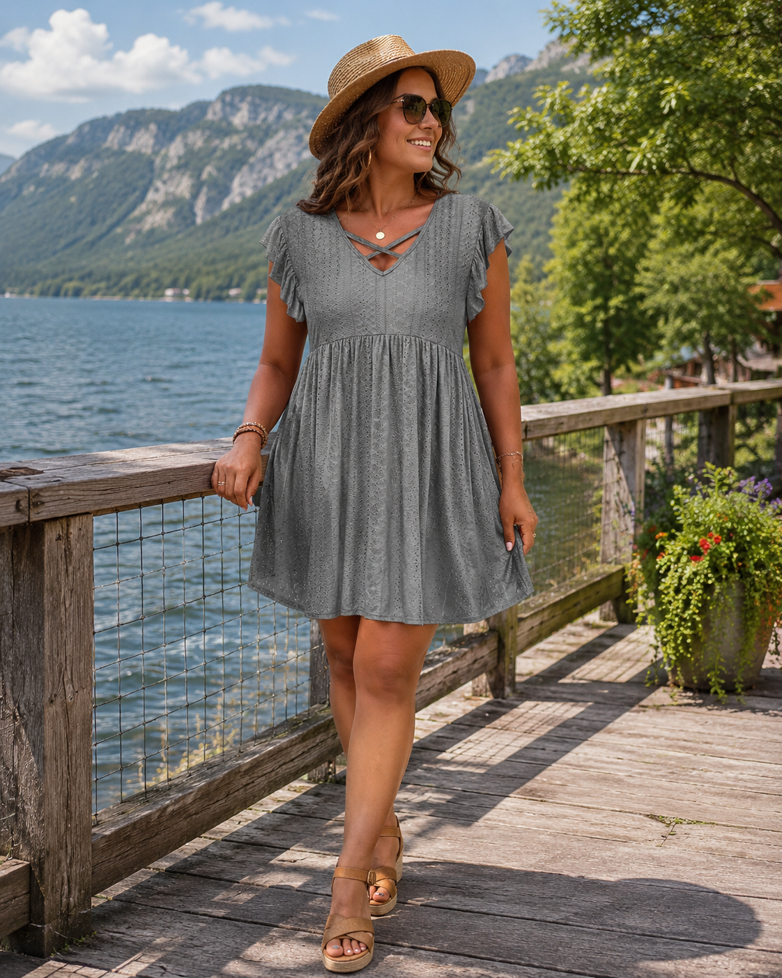 Elinorae - Robe femme grise avec décolleté découpé et manches volantées