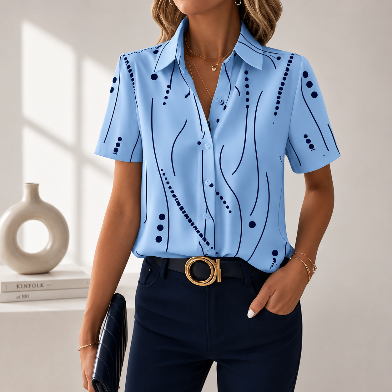Talyria - Blouse femme bleue à imprimé abstrait et manches courtes