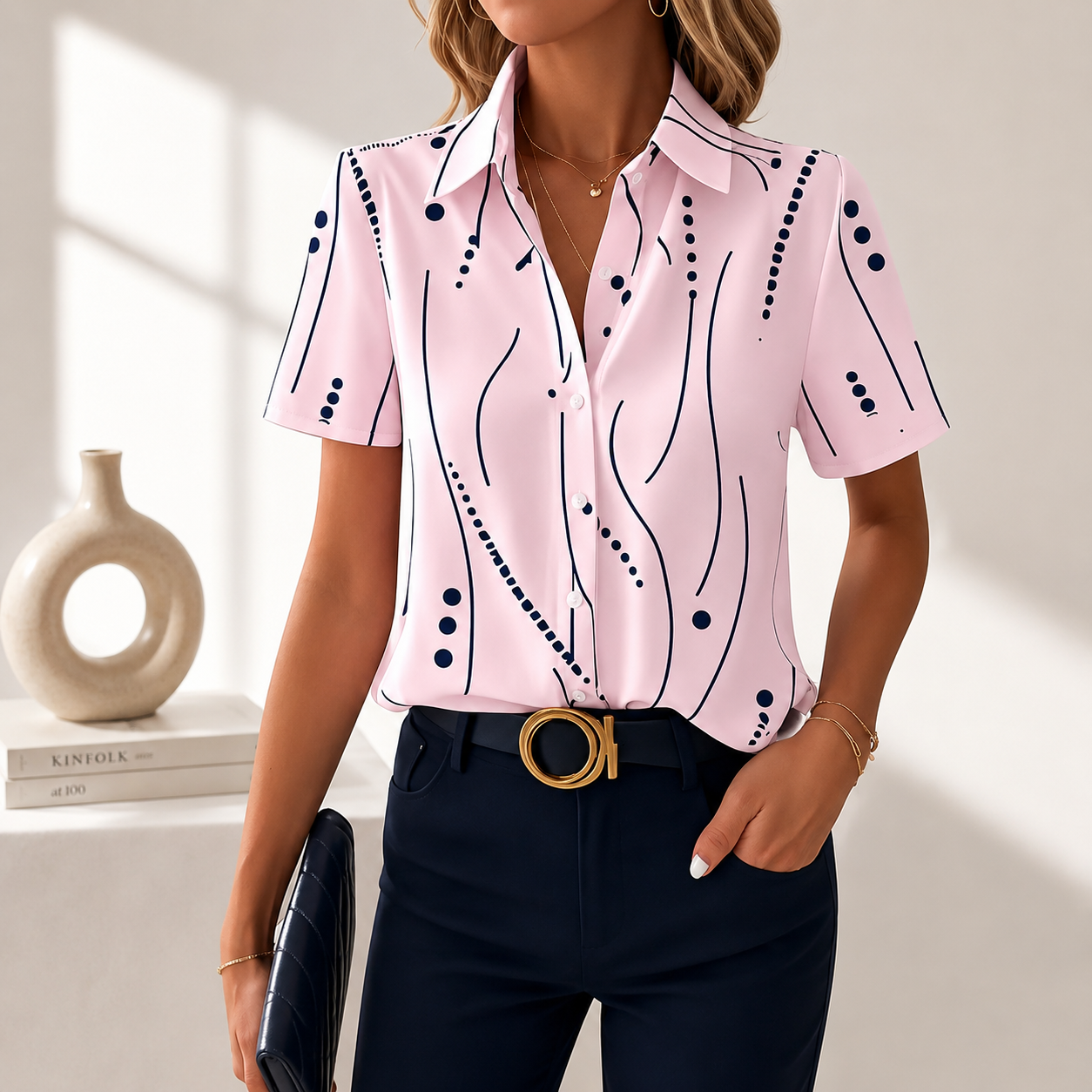 Talyria - Blouse femme bleue à imprimé abstrait et manches courtes