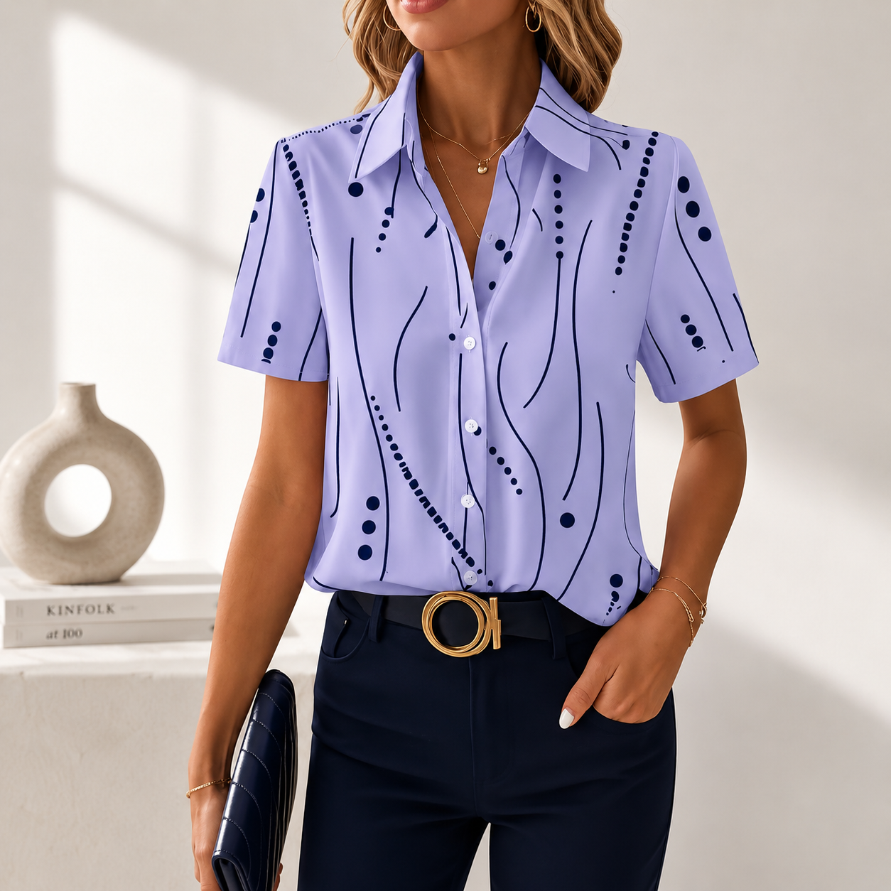 Talyria - Blouse femme bleue à imprimé abstrait et manches courtes