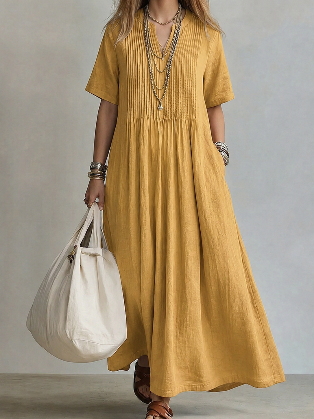 Sylovelle - Robe maxi femme fluide plissée en coton et lin léger