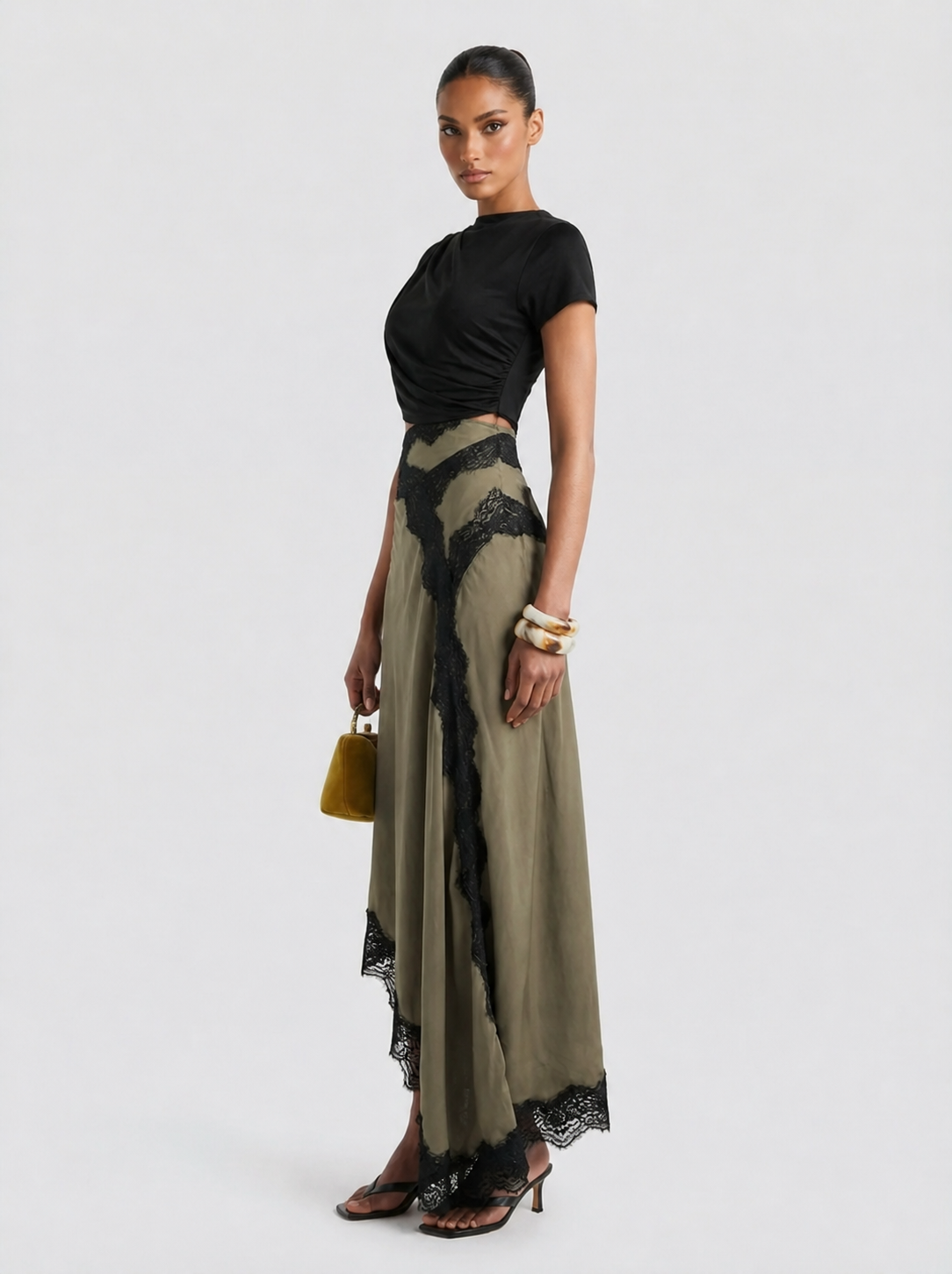 Griselune - Ensemble femme top asymétrique noir et jupe maxi dentelle élégante