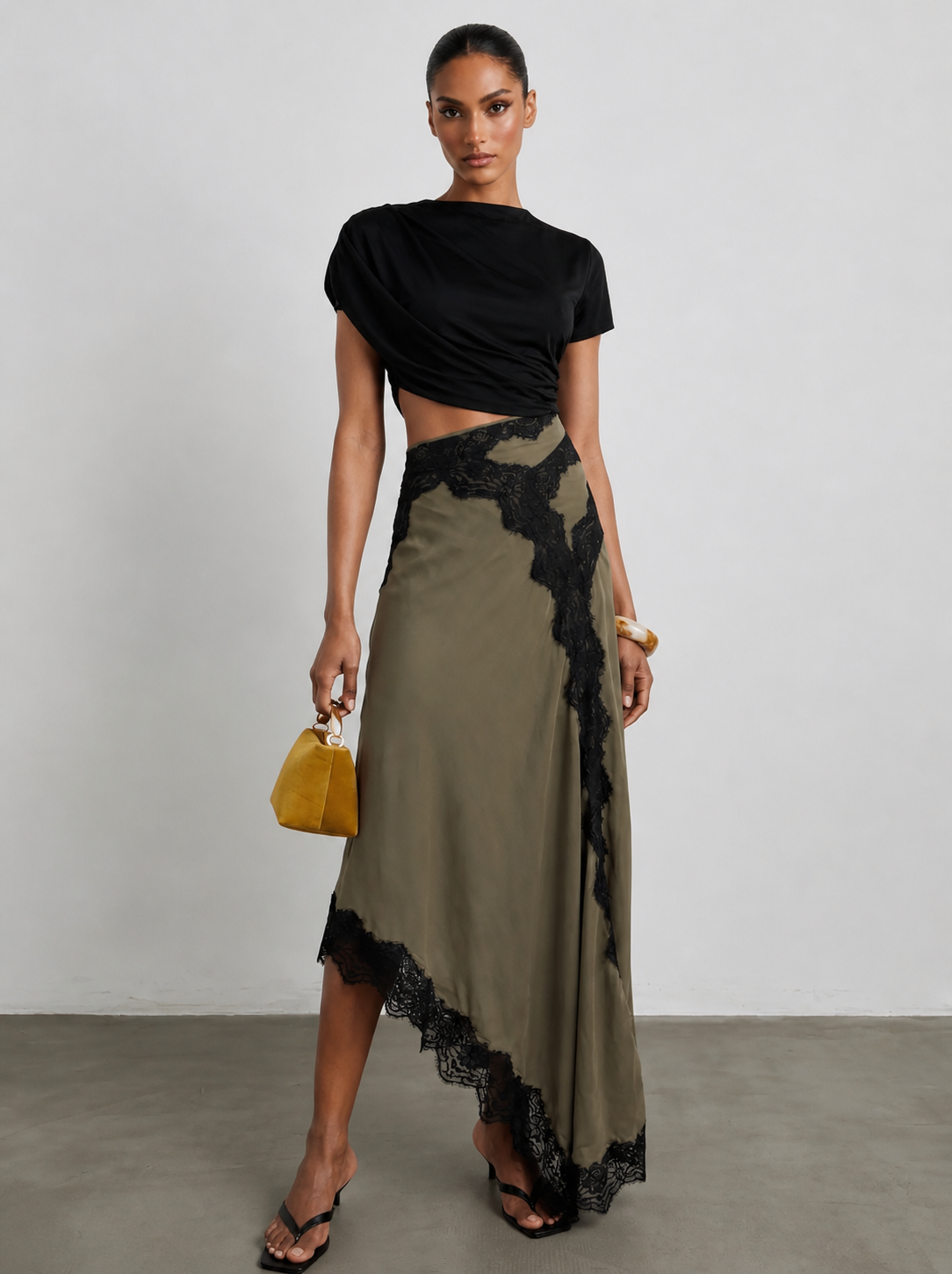 Griselune - Ensemble femme top asymétrique noir et jupe maxi dentelle élégante