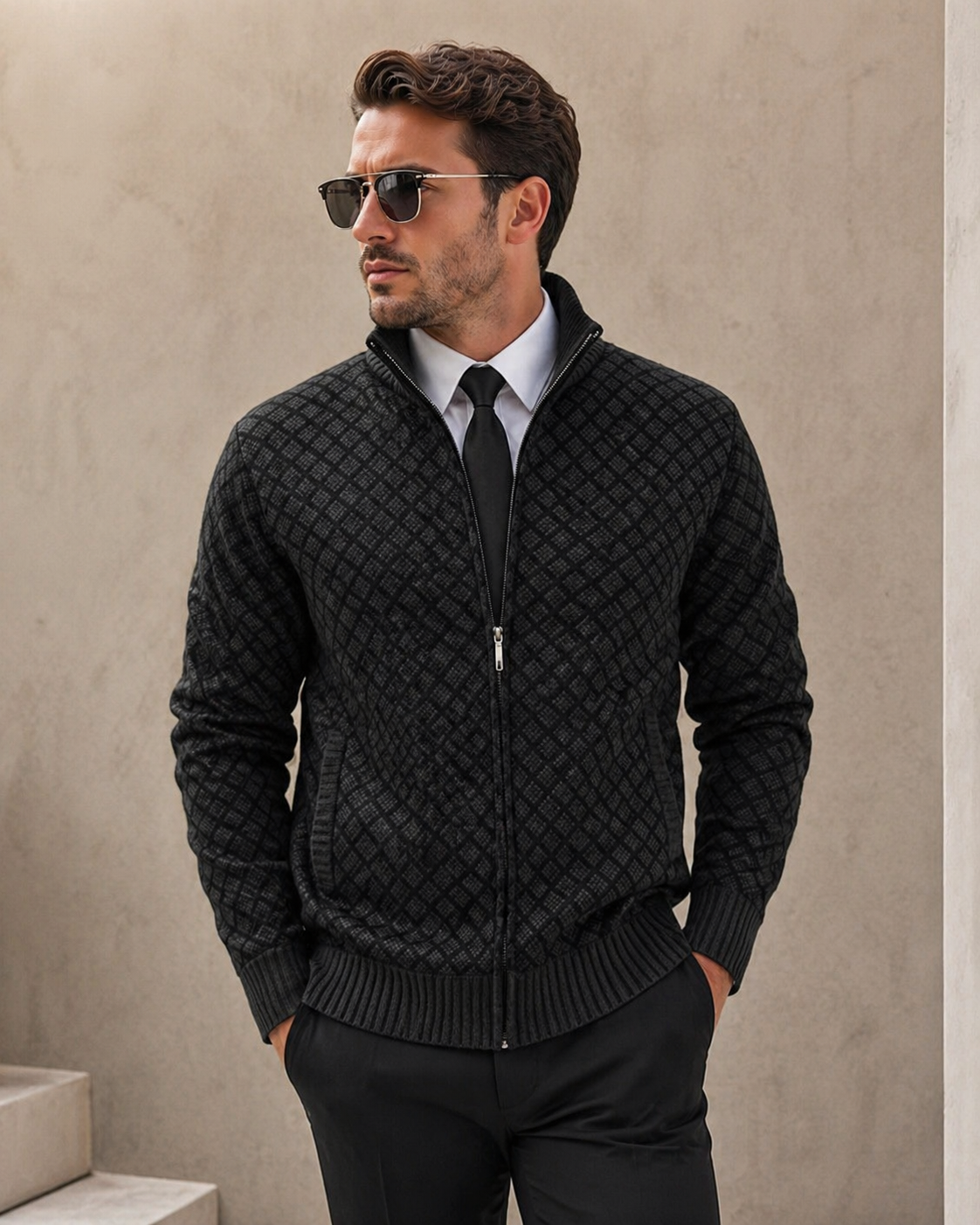 Fabian - Cardigan homme zippé col montant tricot jacquard coupe moderne