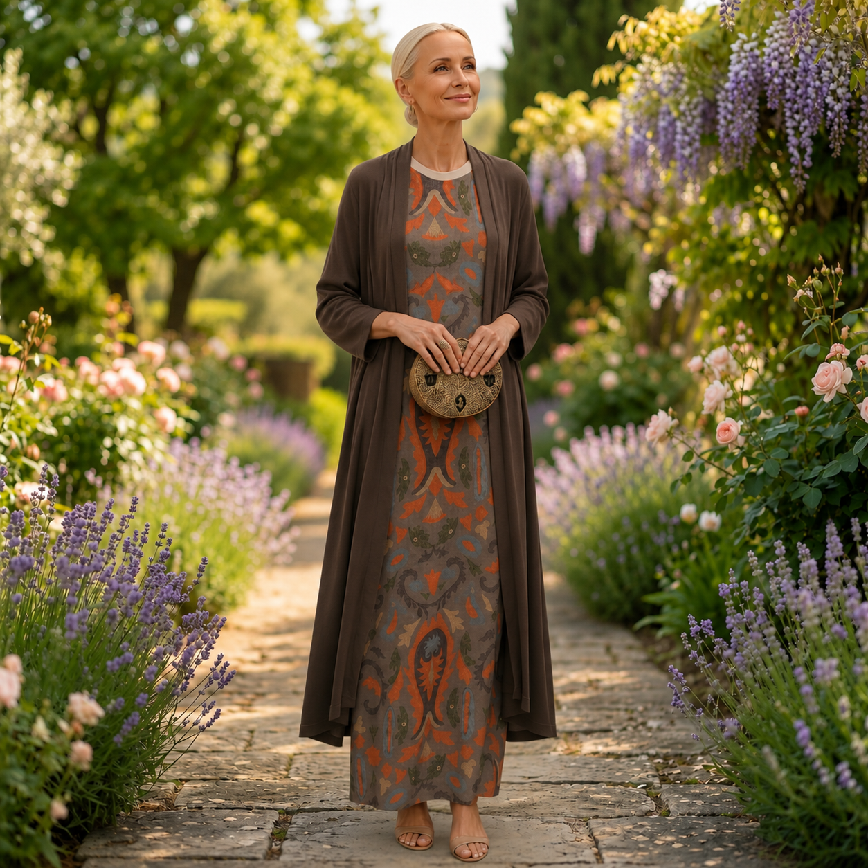 Dorynna - Ensemble femme robe longue imprimée avec gilet coordonné