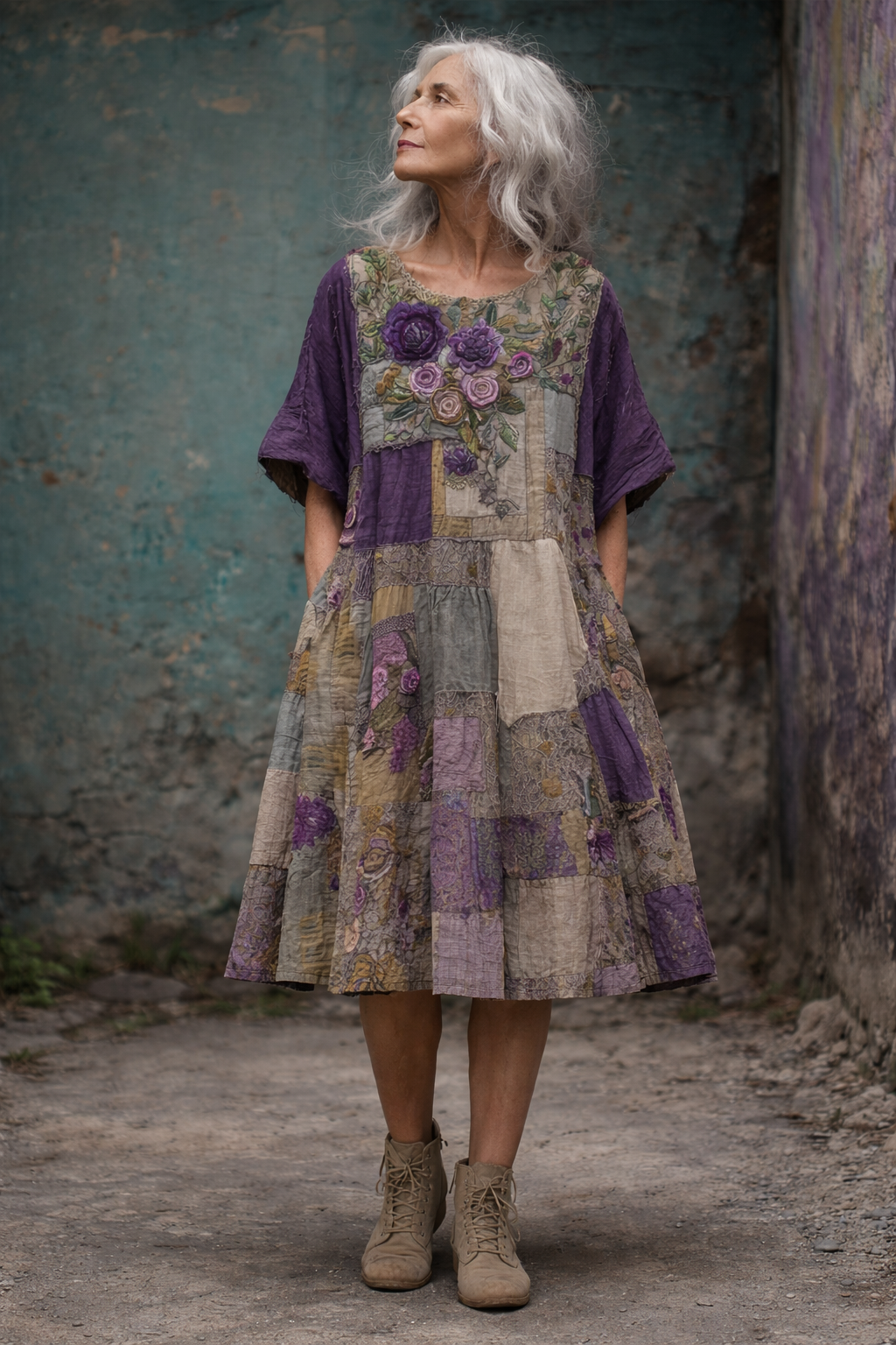 Oryndra - Robe Femme Patchwork Artistique Fluide Confort Style Bohème Quotidien