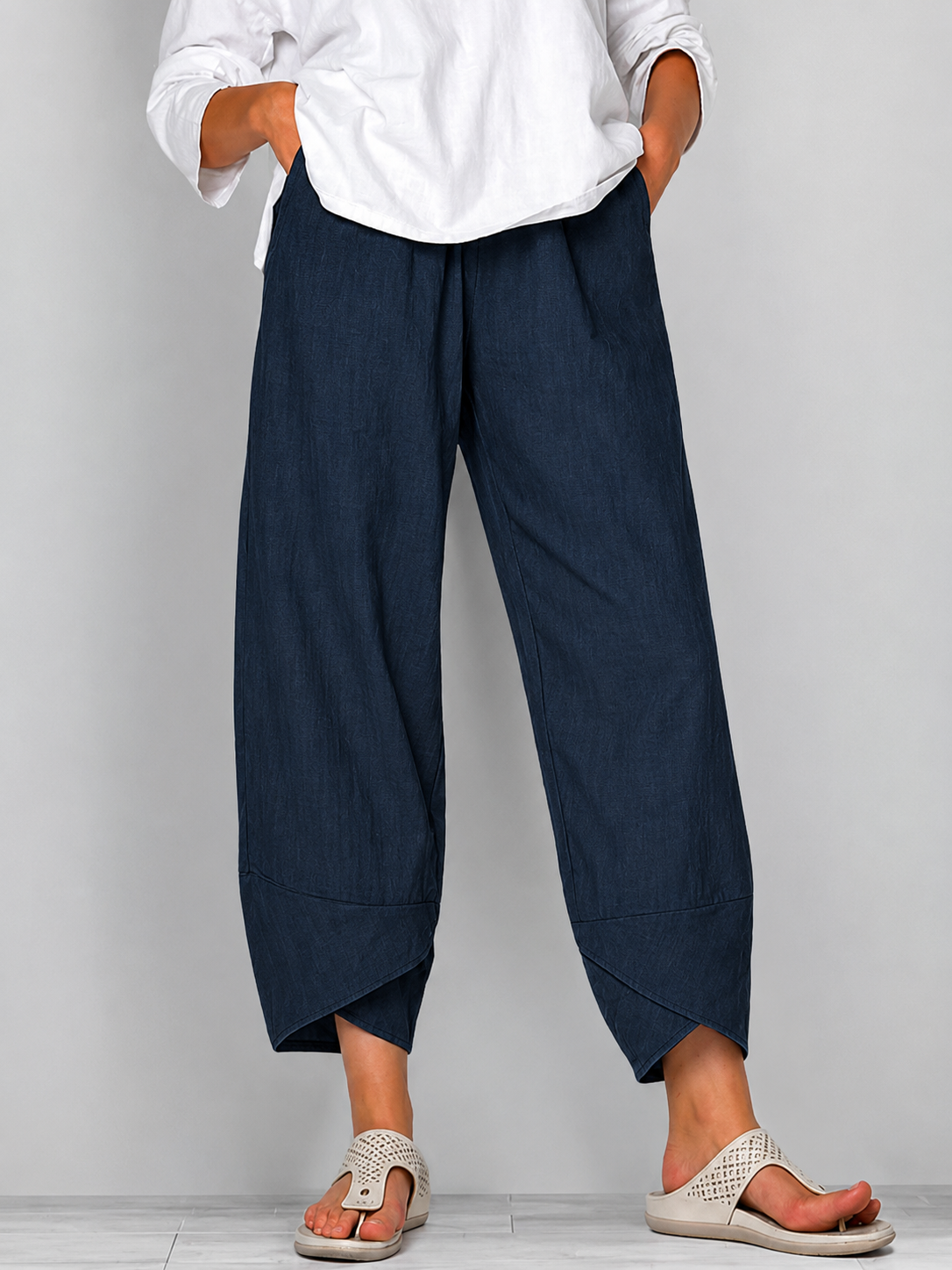 Belythia - Pantalon femme vintage asymétrique taille haute fluide avec poches