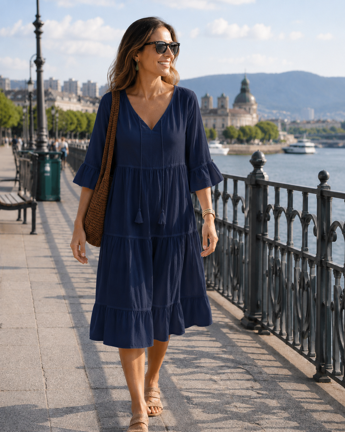 Faelora - Robe midi femme en coton à col en V et coupe fluide