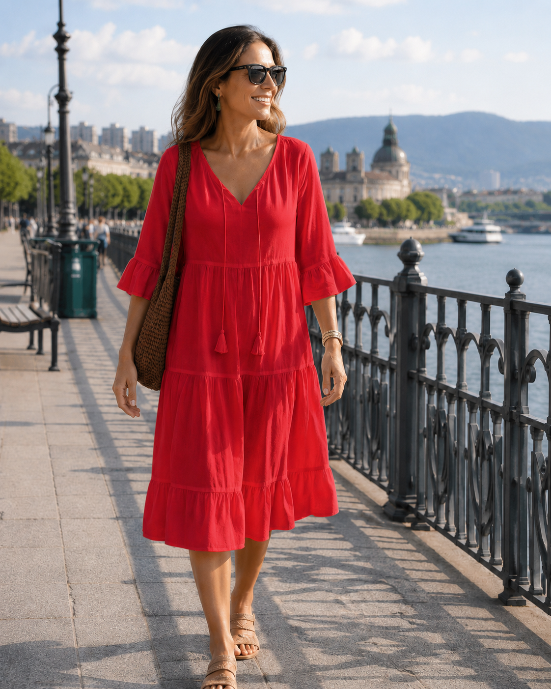 Faelora - Robe midi femme en coton à col en V et coupe fluide