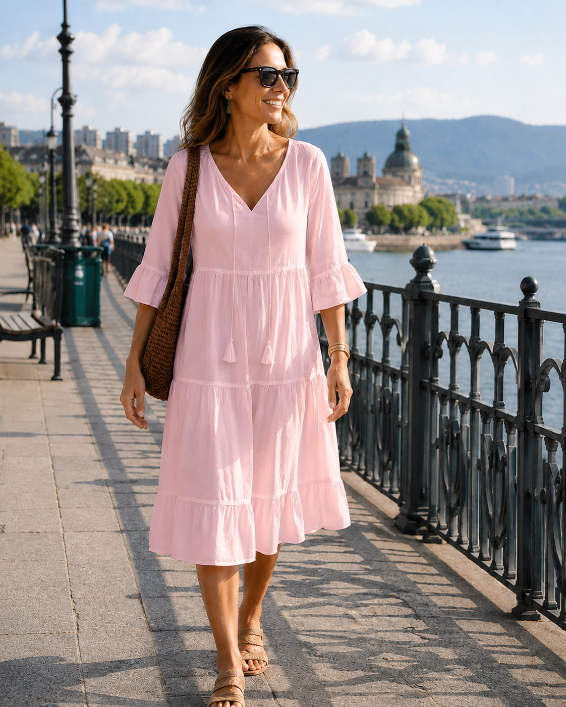 Faelora - Robe midi femme en coton à col en V et coupe fluide
