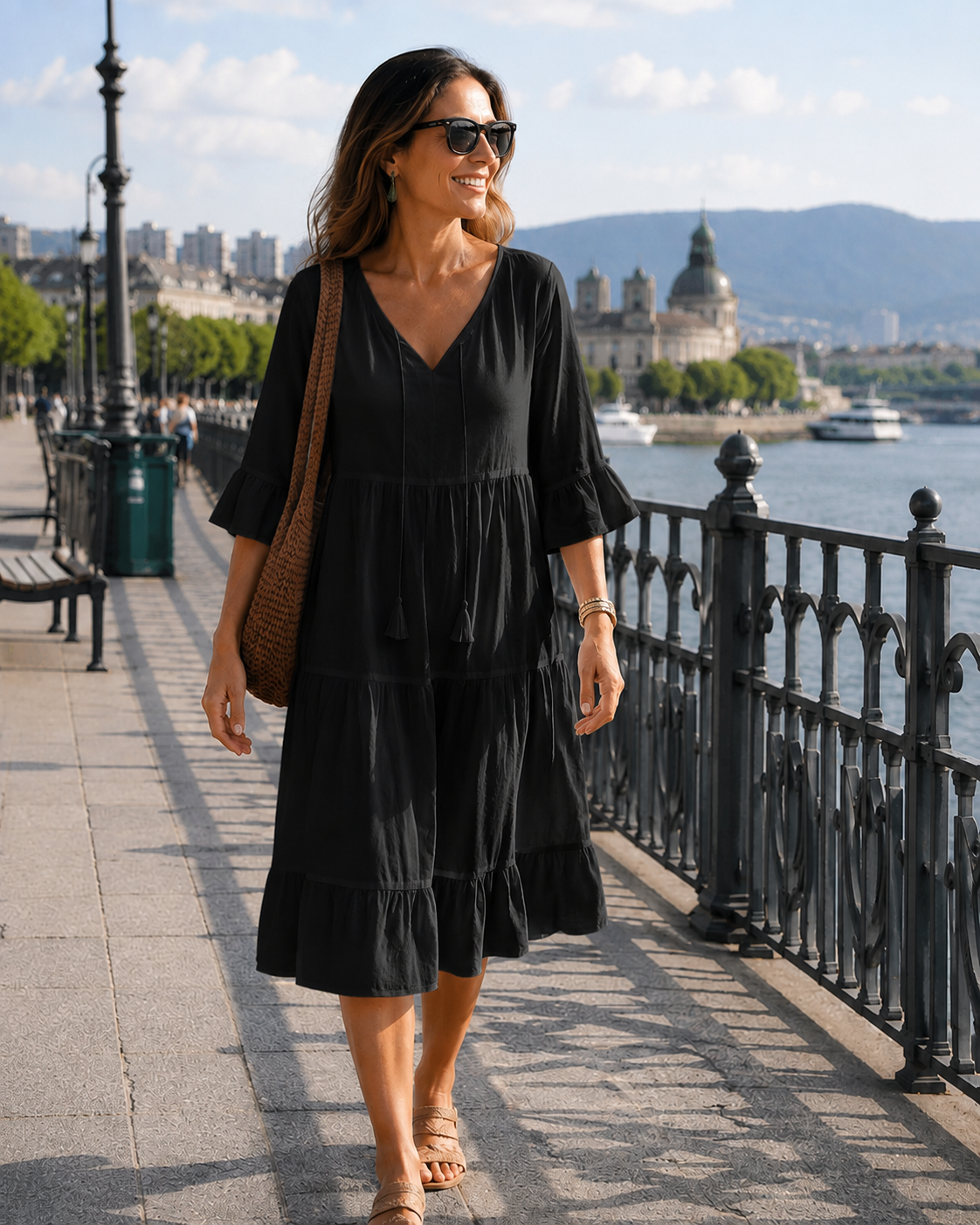 Faelora - Robe midi femme en coton à col en V et coupe fluide
