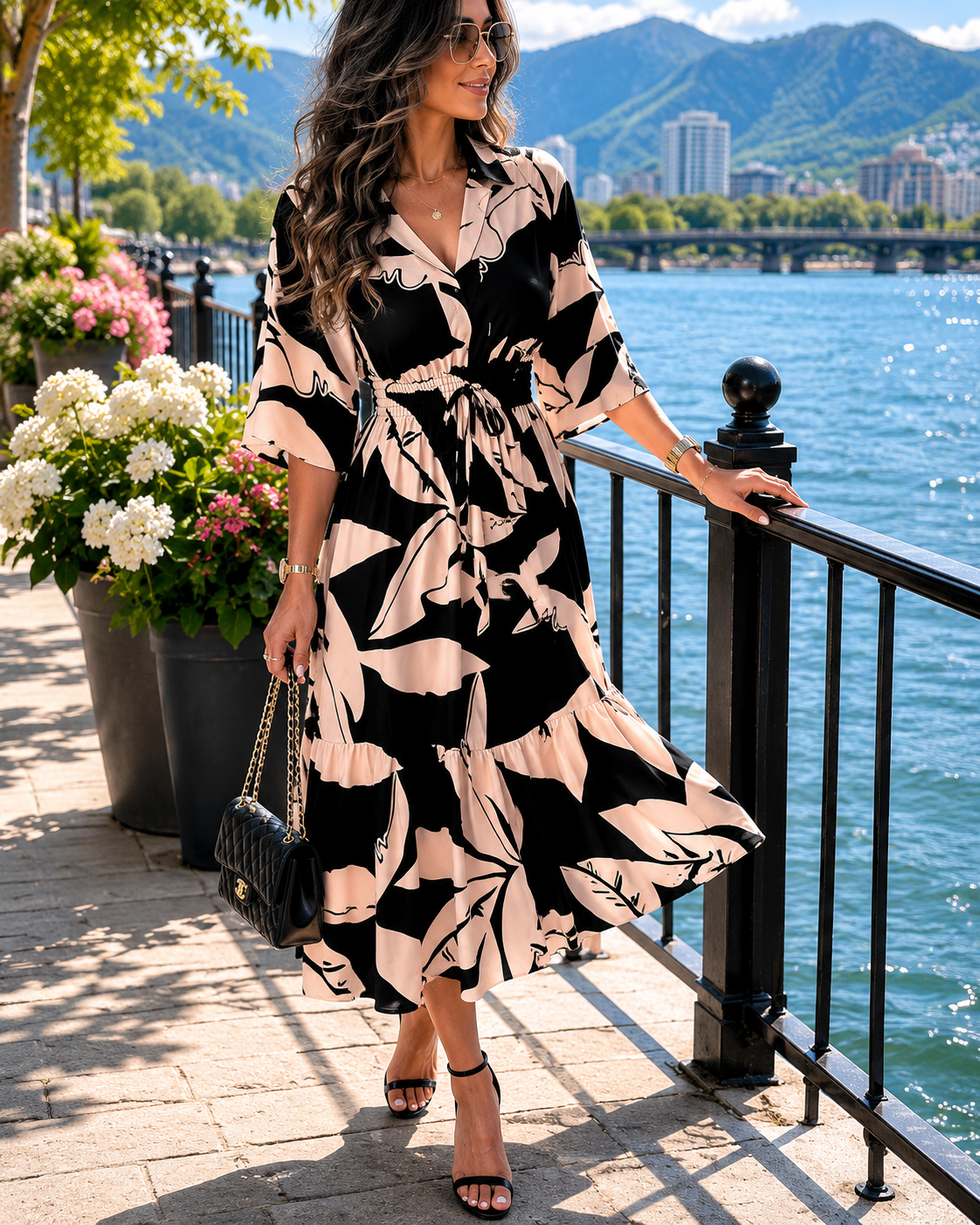 Orlissa - Robe femme à col V avec taille ajustable et imprimé noir