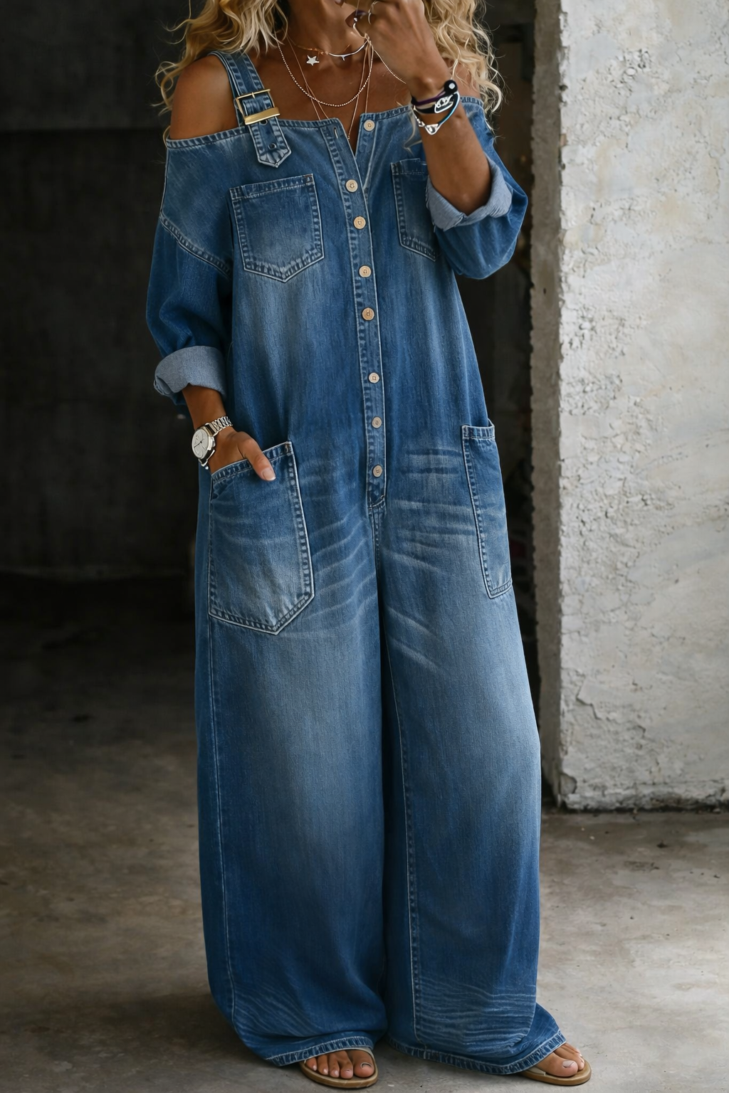 Aurexa - Combinaison Femme Denim Épaules Dénudées Coupe Ample Élégante