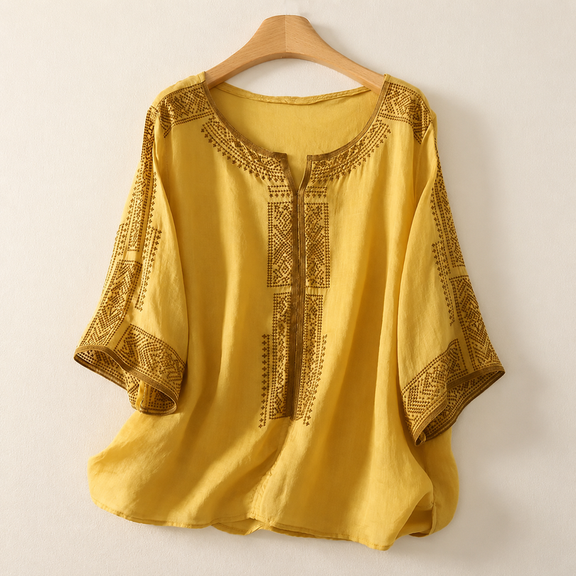 Prune - Blouse femme en lin brodé à manches trois-quarts