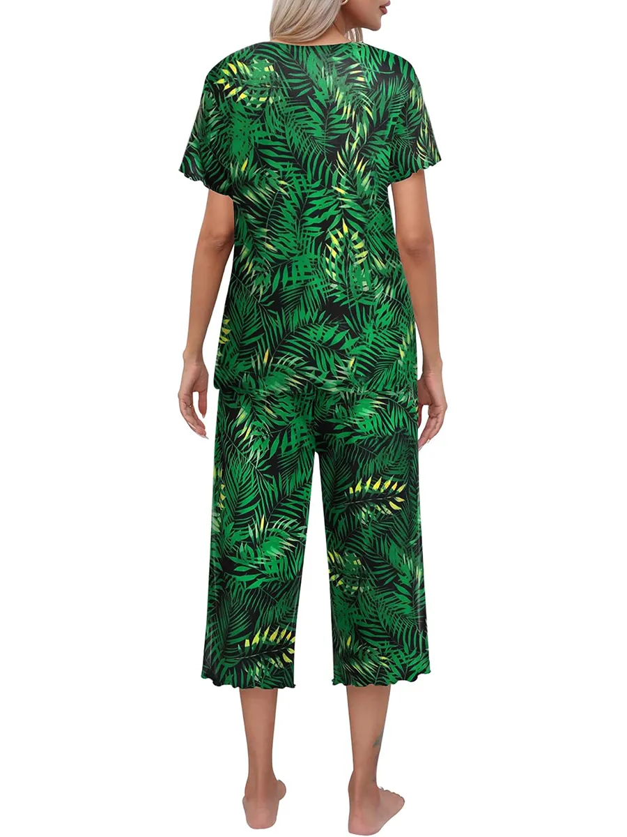Olivine - Ensemble d'intérieur pour femme à manches courtes avec pantalon capri – idéal pour se détendre à la maison avec style