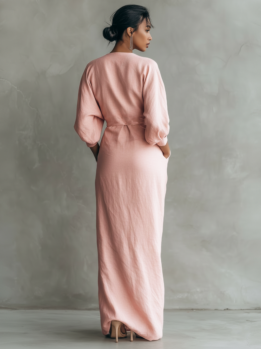 Talyvora - Robe maxi femme élégante en lin avec décolleté en V