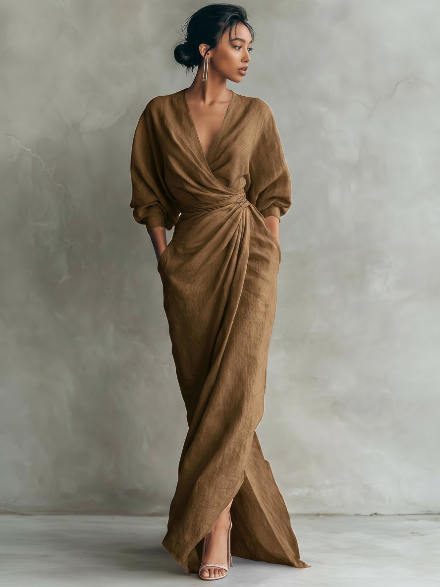 Talyvora - Robe maxi femme élégante en lin avec décolleté en V