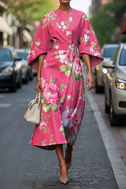 Havirelle - Robe midi florale femme élégante manches fluides imprimé artistique