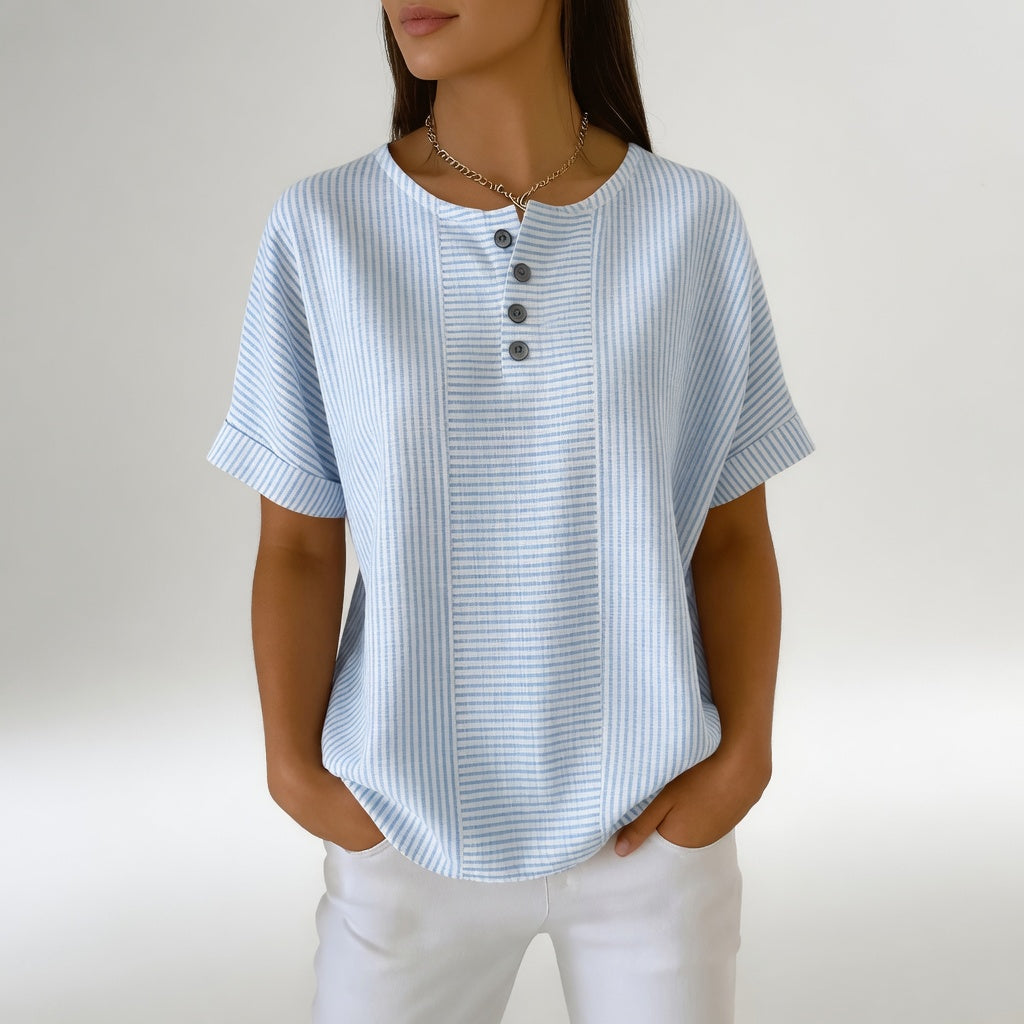Dovinia - Blouse femme lin rayée manches courtes fluide été casual