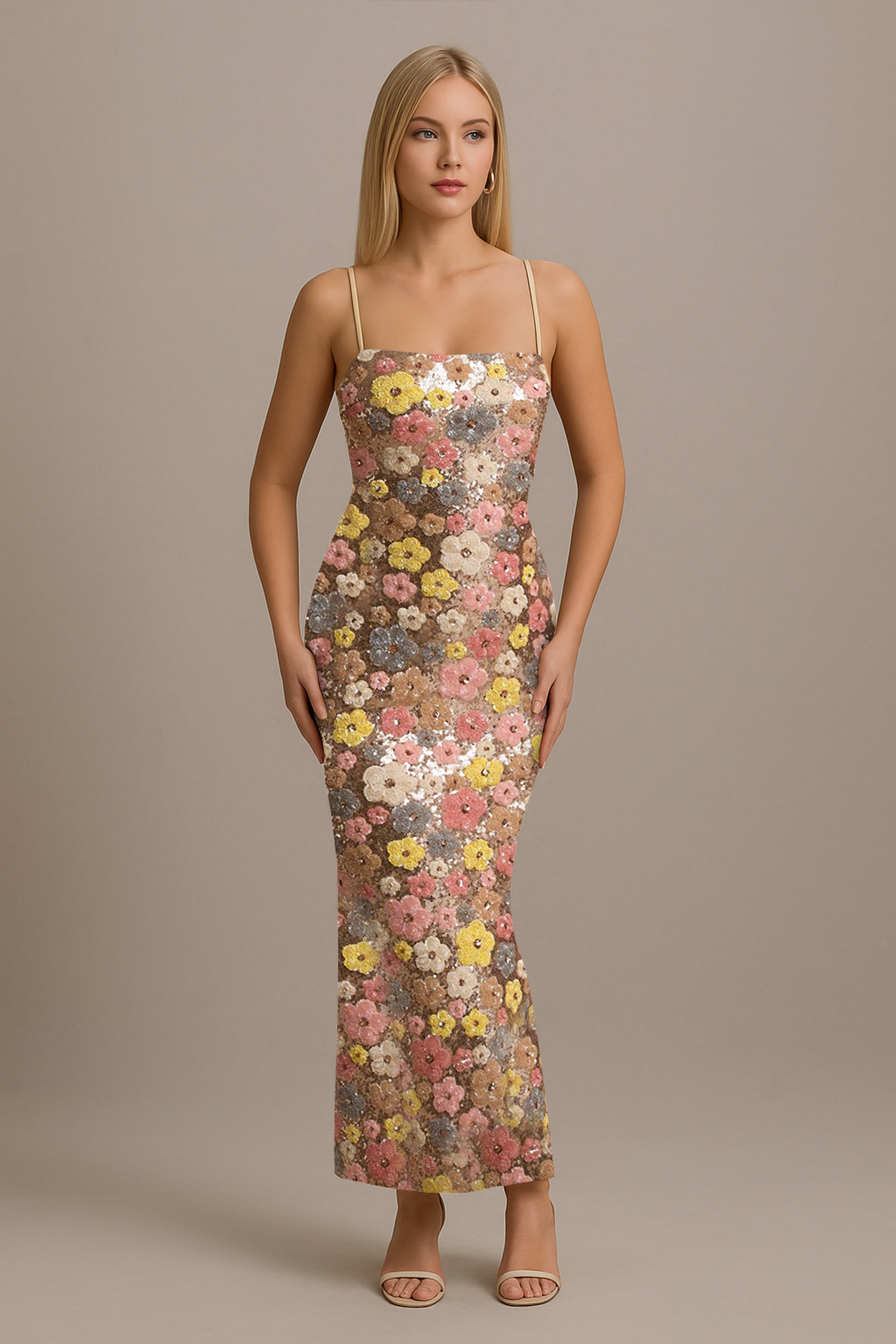 Lunovelle - Robe femme longue florale élégante à fines bretelles