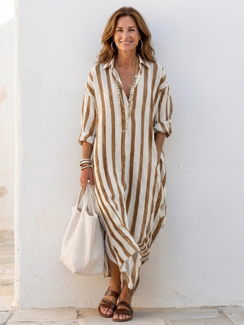 Tyvessa - Robe chemise midi femme à rayures verticales