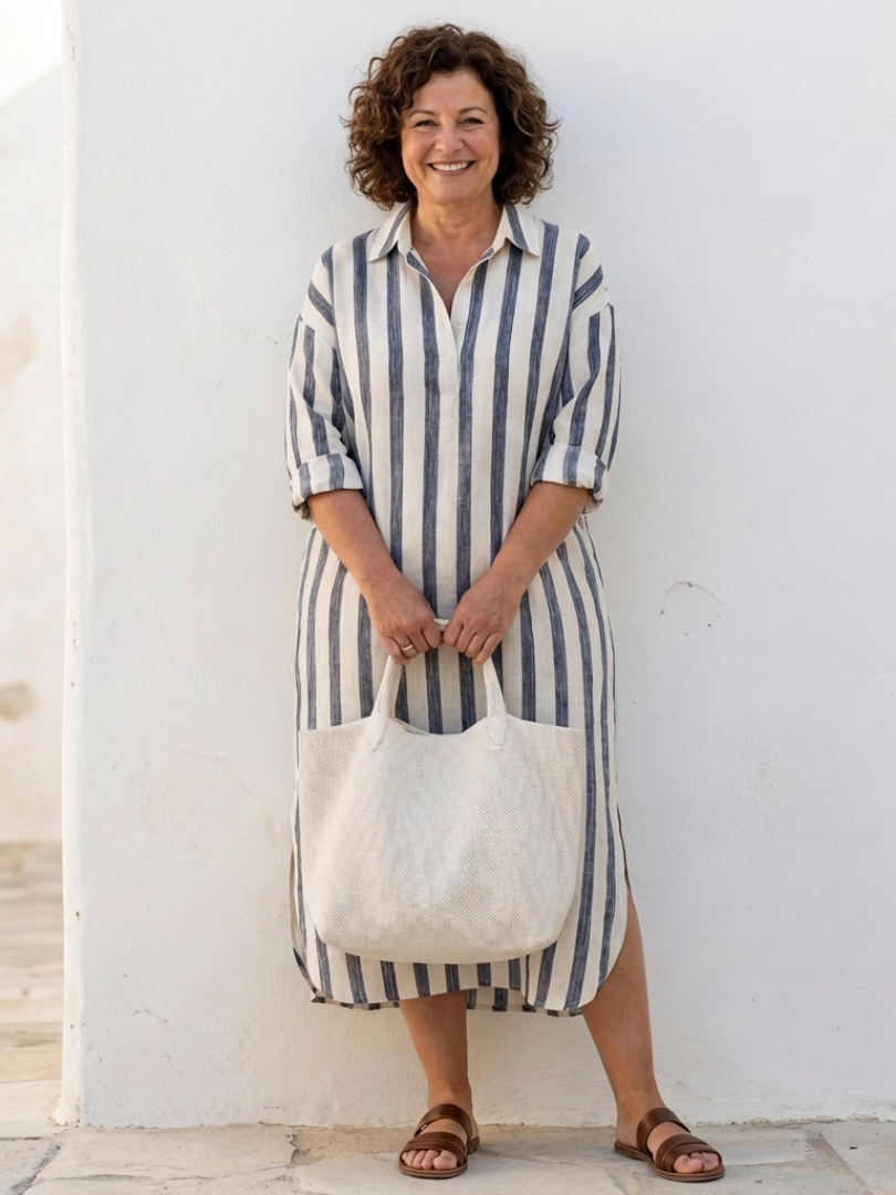 Tyvessa - Robe chemise midi femme à rayures verticales