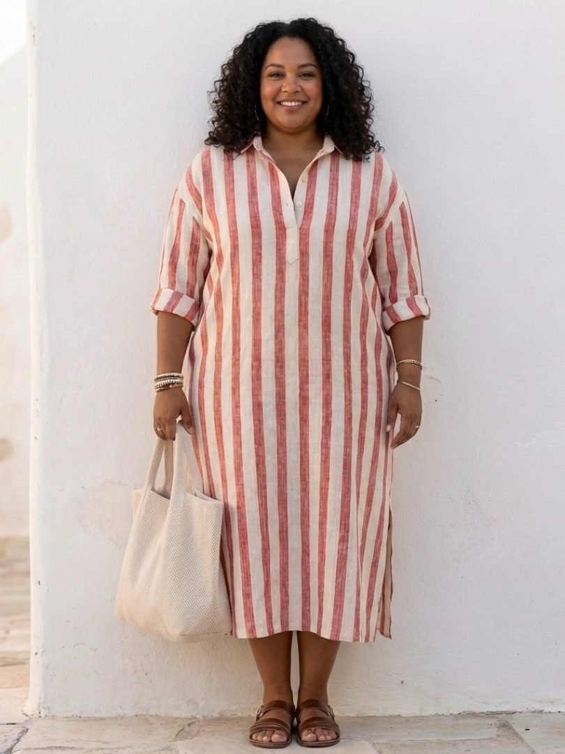 Tyvessa - Robe chemise midi femme à rayures verticales
